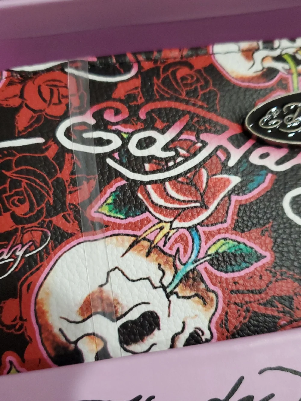 Ed Hardy‎ red black Ed Hardy printed gunmetal rose charm key ring wallet set new